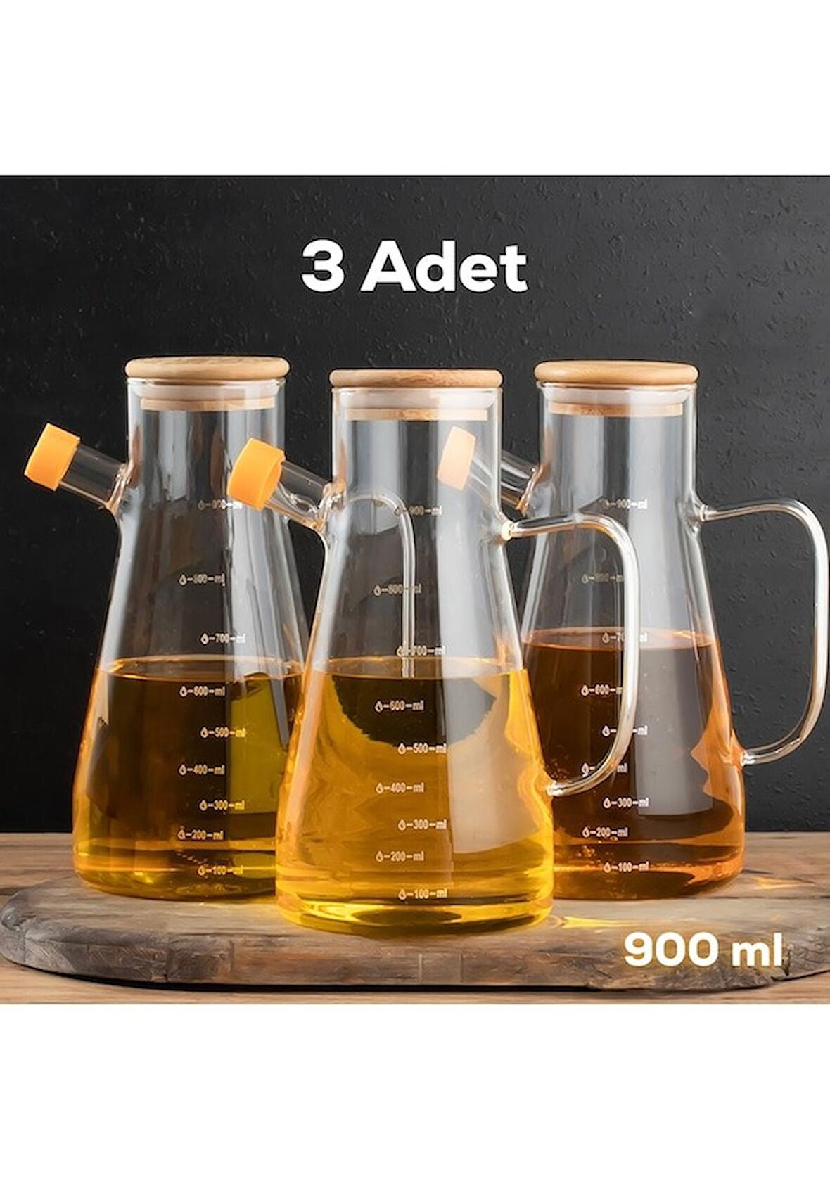 Porsima 401275 3'lü Alisa Bambu Kapaklı Borosilikat Ölçekli Cam Yağlık Silikon Tabanlı Yağdanlık 900 ML